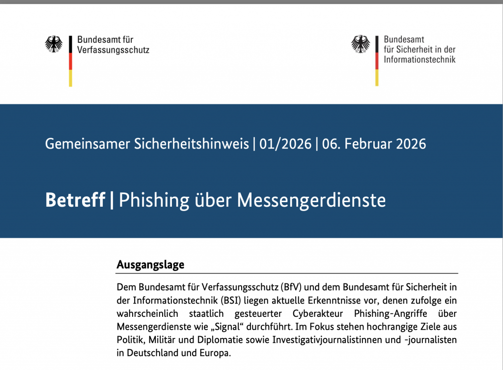 Gemeinsamer Sicherheitshinweis | 01/2026 | 06. Februar 2026 Betreff | Phishing über Messengerdienste